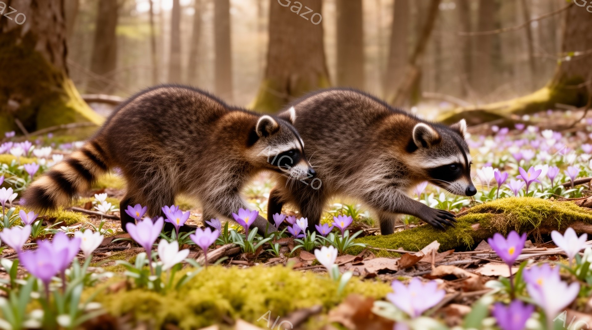 春の森の中で、二匹のアライグマが紫色の花の間を歩いている。苔むした地面と落ち葉が広がり、暖かく穏やかな雰囲気が漂っている。アライグマたちは好奇心旺盛な表情で、何かを探しているようだ。 - AI生成フリー素材