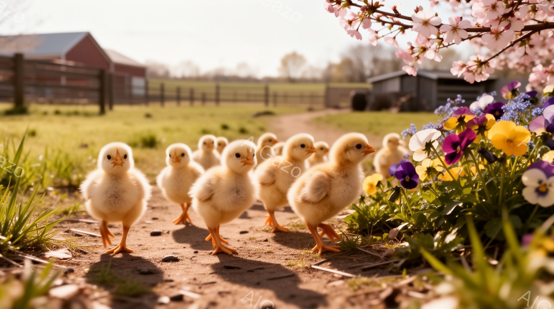小さなひな鳥たちが列になって土の道を進んでいます。背景には緑の牧草地と赤い農家、そしてピンク色の桜の花が咲き乱れ、春の暖かな雰囲気が漂っています。ひな鳥たちは好奇心旺盛な表情で、新しい世界を探検しているようです。