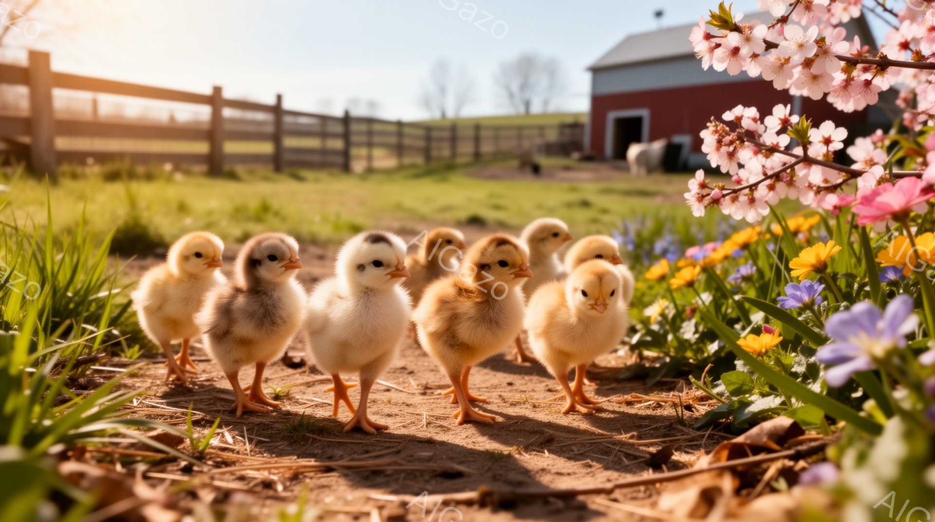 春の暖かい日差しの中で、ふわふわのヒヨコたちが整列して立っています。背景には赤い納屋と柵があり、色とりどりの春の花が咲き誇っています。柔らかい光と暖かな色彩が、平和で穏やかな雰囲気を醸し出しています。