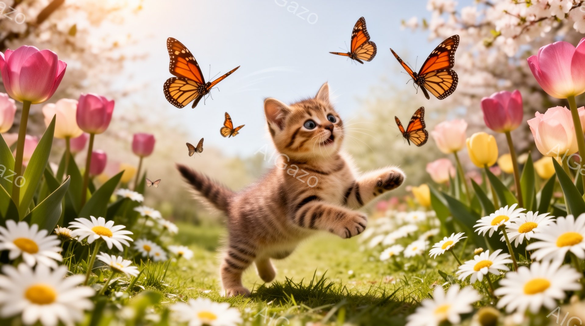 草原で蝶を追いかける子猫が描かれています。鮮やかな花々が咲き乱れ、春の陽光が降り注ぐ、温かく穏やかな雰囲気です。子猫は嬉しそうに飛び跳ね、愛らしい姿を見せています。 - AI生成フリー素材