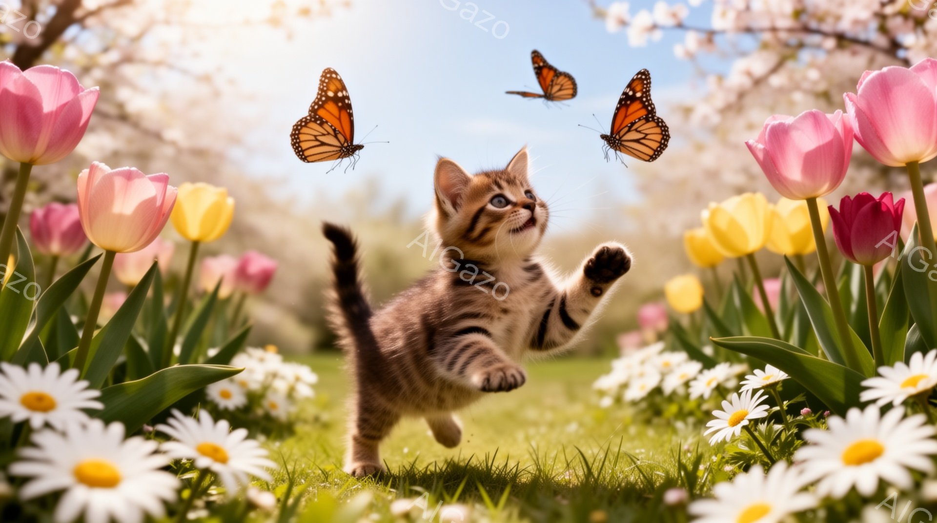 小さな子猫が、鮮やかな花々が咲き乱れる草原で蝶を追いかけている。太陽の光が降り注ぎ、暖かく幸せな雰囲気を感じさせる。春の訪れを告げる、可愛らしい光景だ。 - AI生成フリー素材
