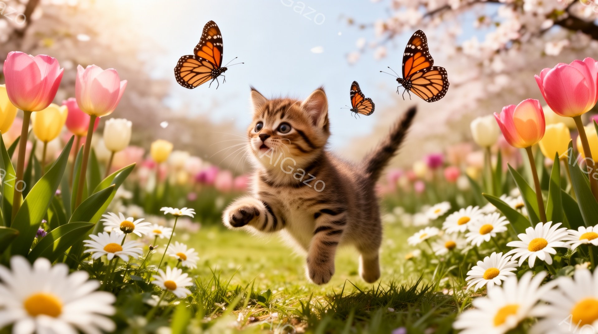 春の野原で、縞模様の子猫が花の間を走り回っています。 周りには色とりどりの花が咲き乱れ、背景には桜の木が見え、暖かい雰囲気です。蝶が子猫の周りを舞っている様子が可愛らしいです。 - AI生成フリー素材