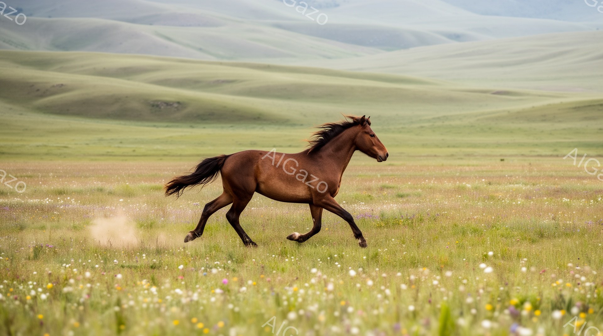 広大な草原を栗色の馬が駆け抜けている。周囲には色とりどりの野花が咲き乱れ、その背景には緑色の丘が連なっている。穏やかで平和な雰囲気が感じられる、夏の光景だ。