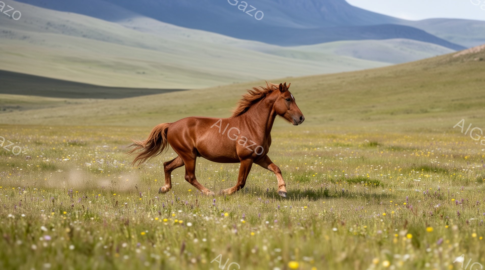 広大な草原を栗色の馬が力強く駆けている。周囲には様々な野花が咲き乱れ、背景にはなだらかな丘が見える。太陽の光が優しく降り注ぎ、穏やかで開放的な雰囲気を醸し出している。