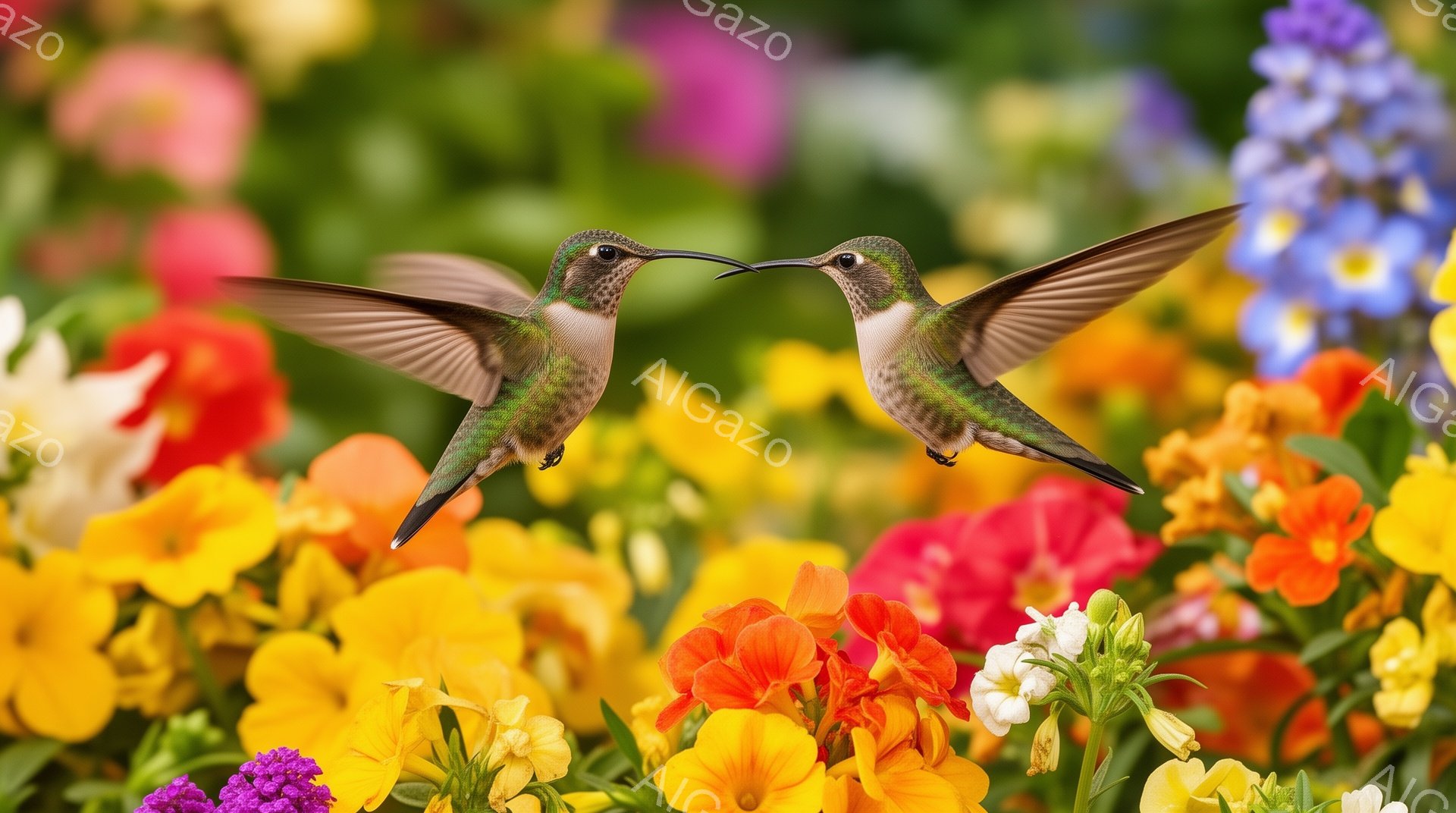 二羽のハチドリが口を合わせて空中を舞っており、鮮やかな花々が背景を彩っています。ハチドリは緑と赤の美しい羽を持ち、その動きは軽やかで優雅です。全体的に明るく色彩豊かな雰囲気で、自然の美しさが際立ってい - AI生成フリー素材