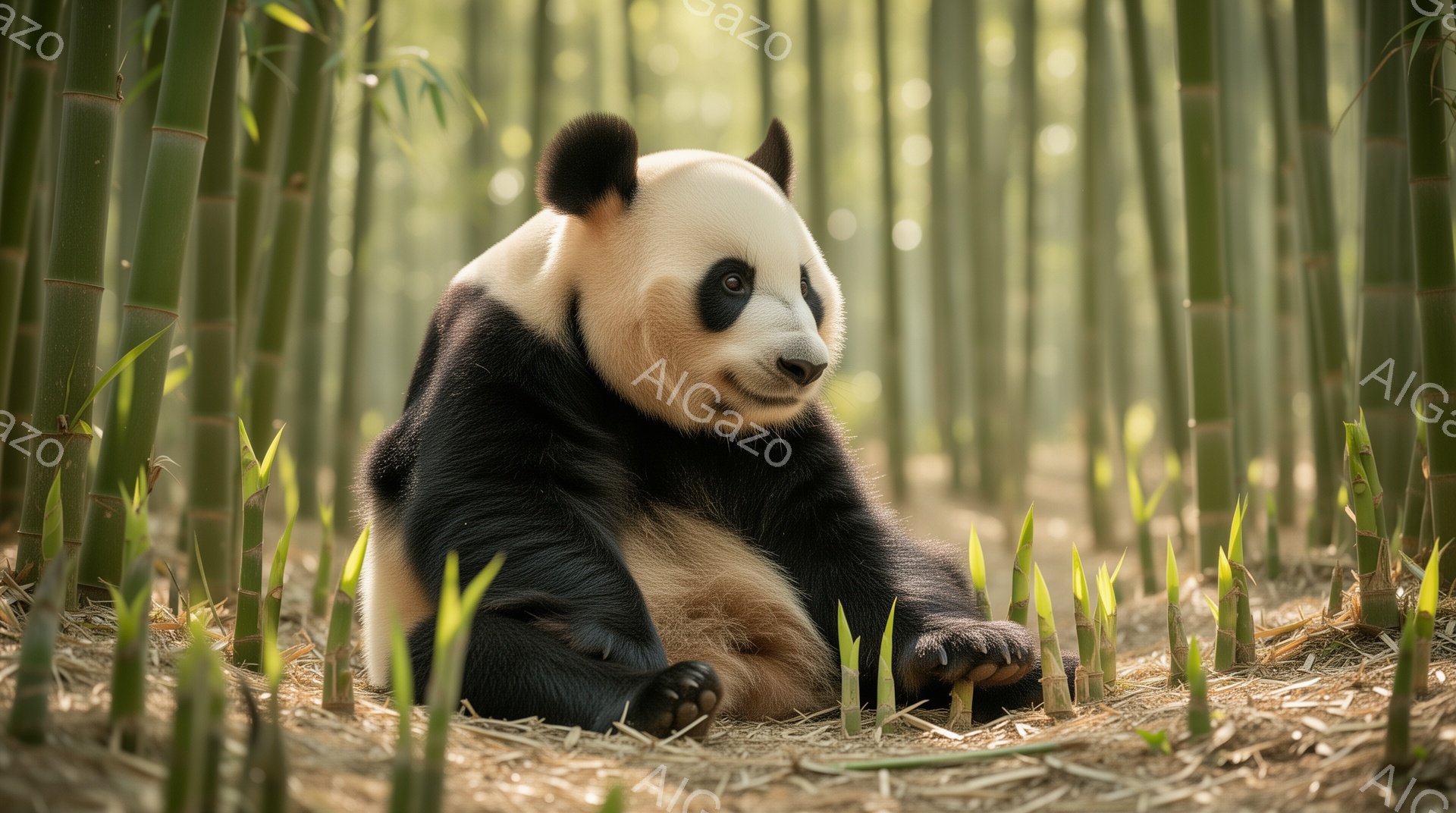 パンダは竹林の中でリラックスして座っており、幸せそうな表情をしています。緑の若竹が生い茂る中、その愛らしい姿が際立っています。光が差し込み、温かく穏やかな雰囲気が漂っています。 - AI生成フリー素材