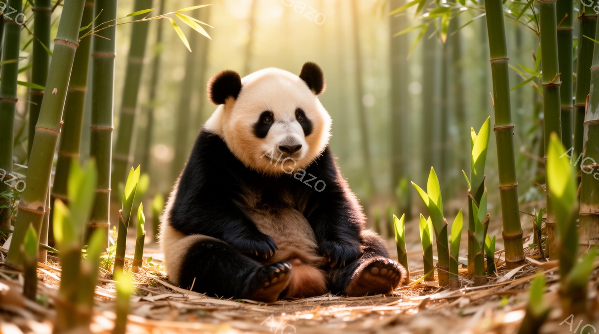 パンダが竹林の中で座っている。穏やかな表情で、周りの緑の竹と光のコントラストが美しい。柔らかな光が暖かく、平和な雰囲気を醸し出している。