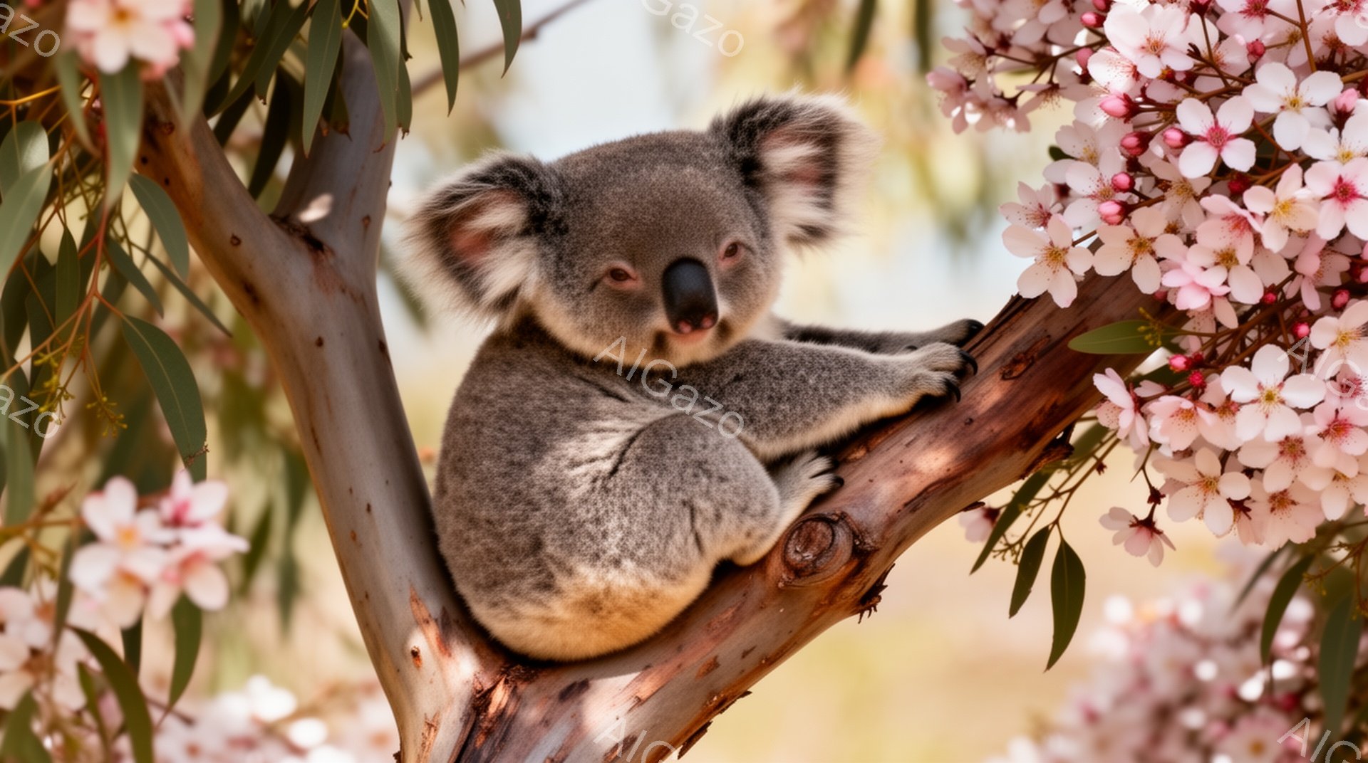 コアラが木の枝にしがみついています。背景にはピンク色の花が咲き乱れ、柔らかい光が全体を包み込んでいます。コアラはリラックスした様子で、穏やかな雰囲気の画像です。 - AI生成フリー素材