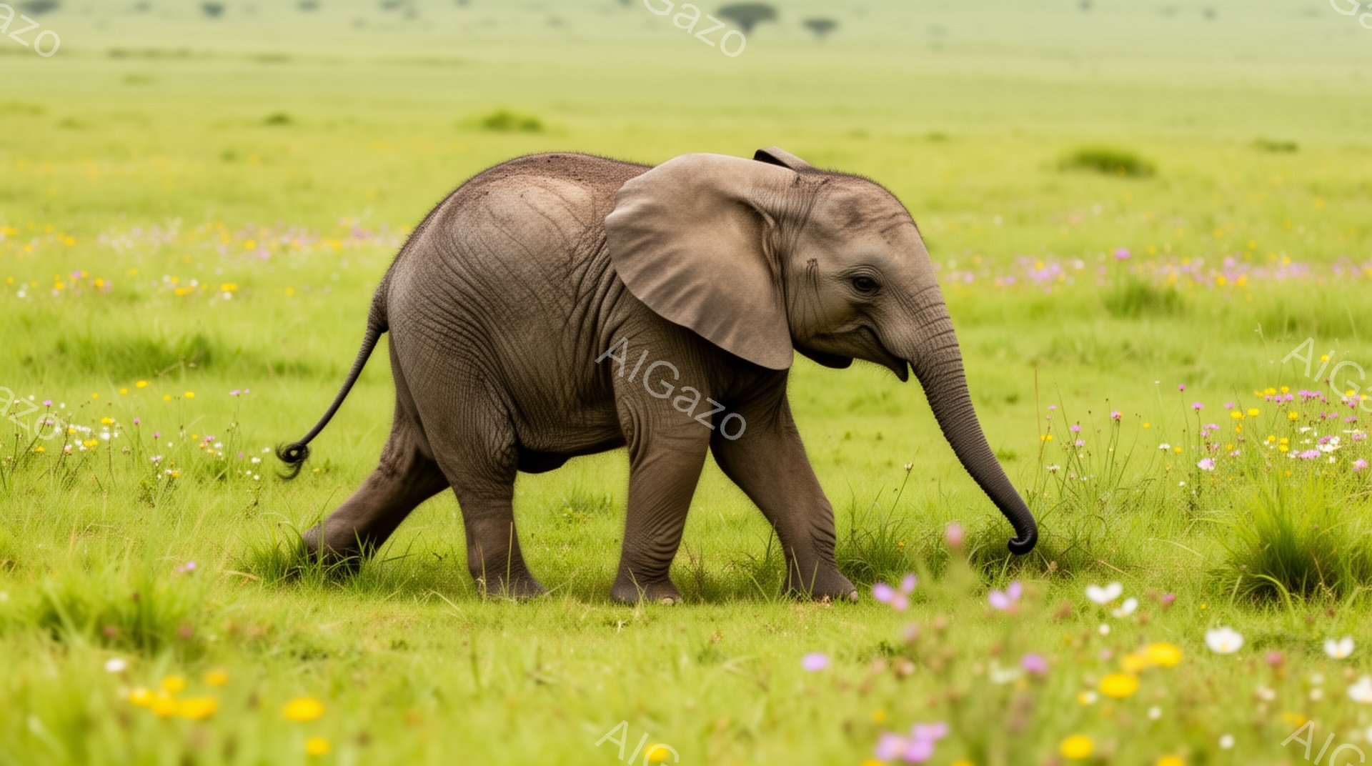 緑豊かな草原を小さなゾウが歩いている。周囲には色とりどりの花々が咲き乱れ、可愛らしい姿が際立っている。夕暮れ時の柔らかな光が、穏やかな雰囲気を演出している。