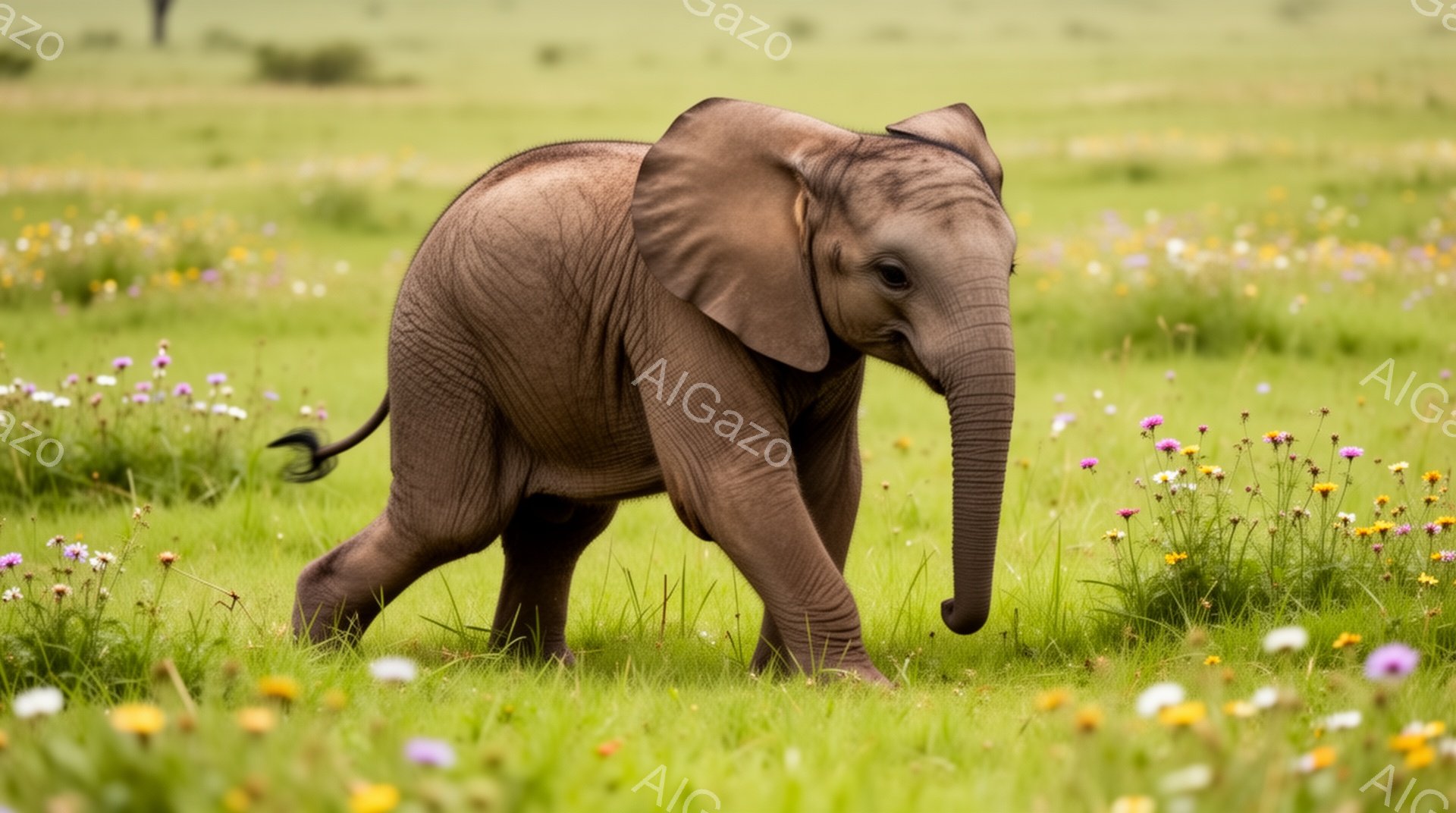 草原を駆け抜ける幼いゾウが写っています。緑の草地に咲く色とりどりの花々が背景にあり、生命力に満ちた雰囲気です。ゾウは前方を向いており、活発に歩いています。