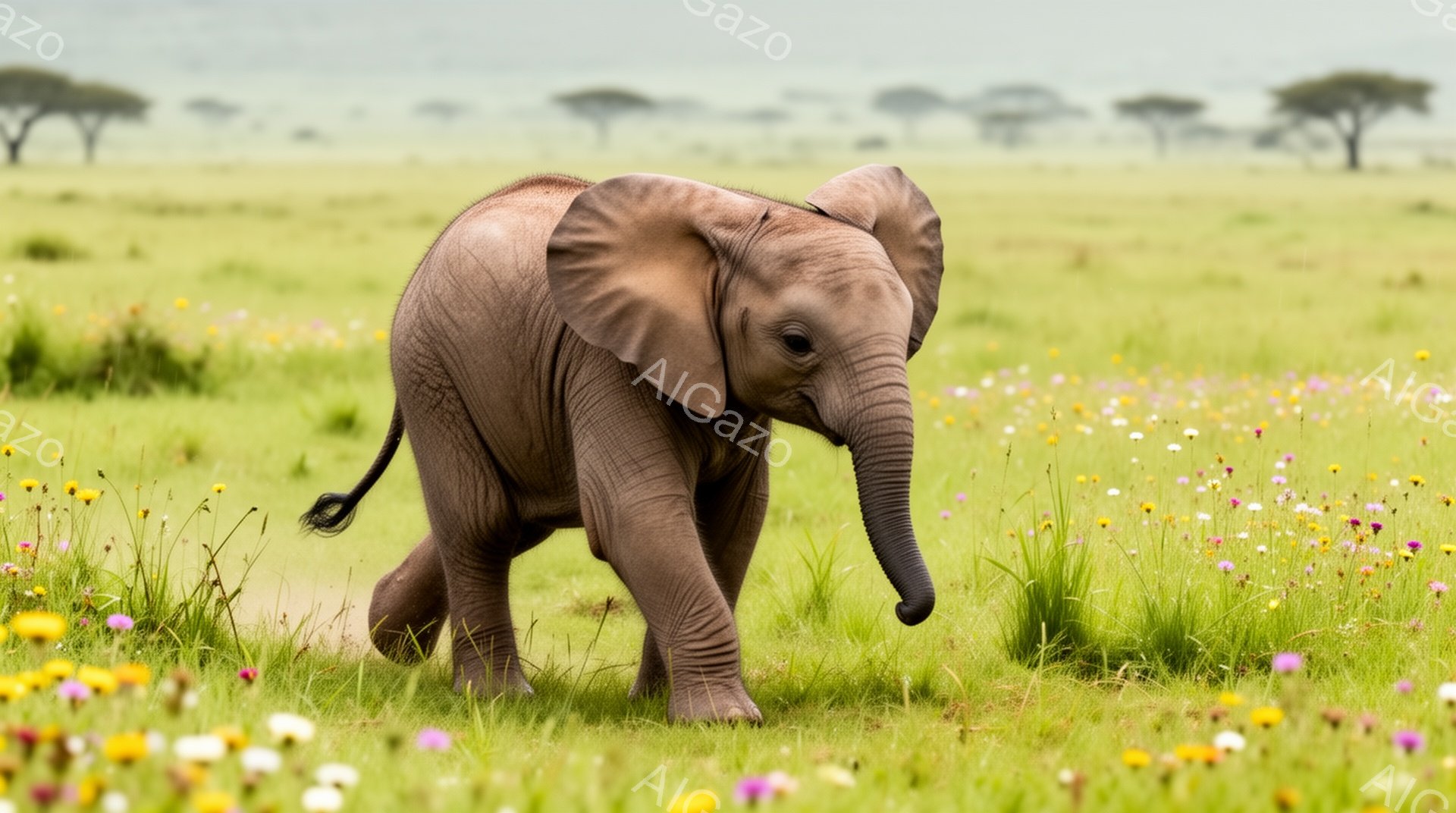 広大な草原を小さなゾウが歩いている。鮮やかな野花が咲き乱れ、ゾウの愛らしい姿と相まって、平和で穏やかな雰囲気を醸し出している。遠くには木々が見え、アフリカのサバンナを思わせる風景だ。