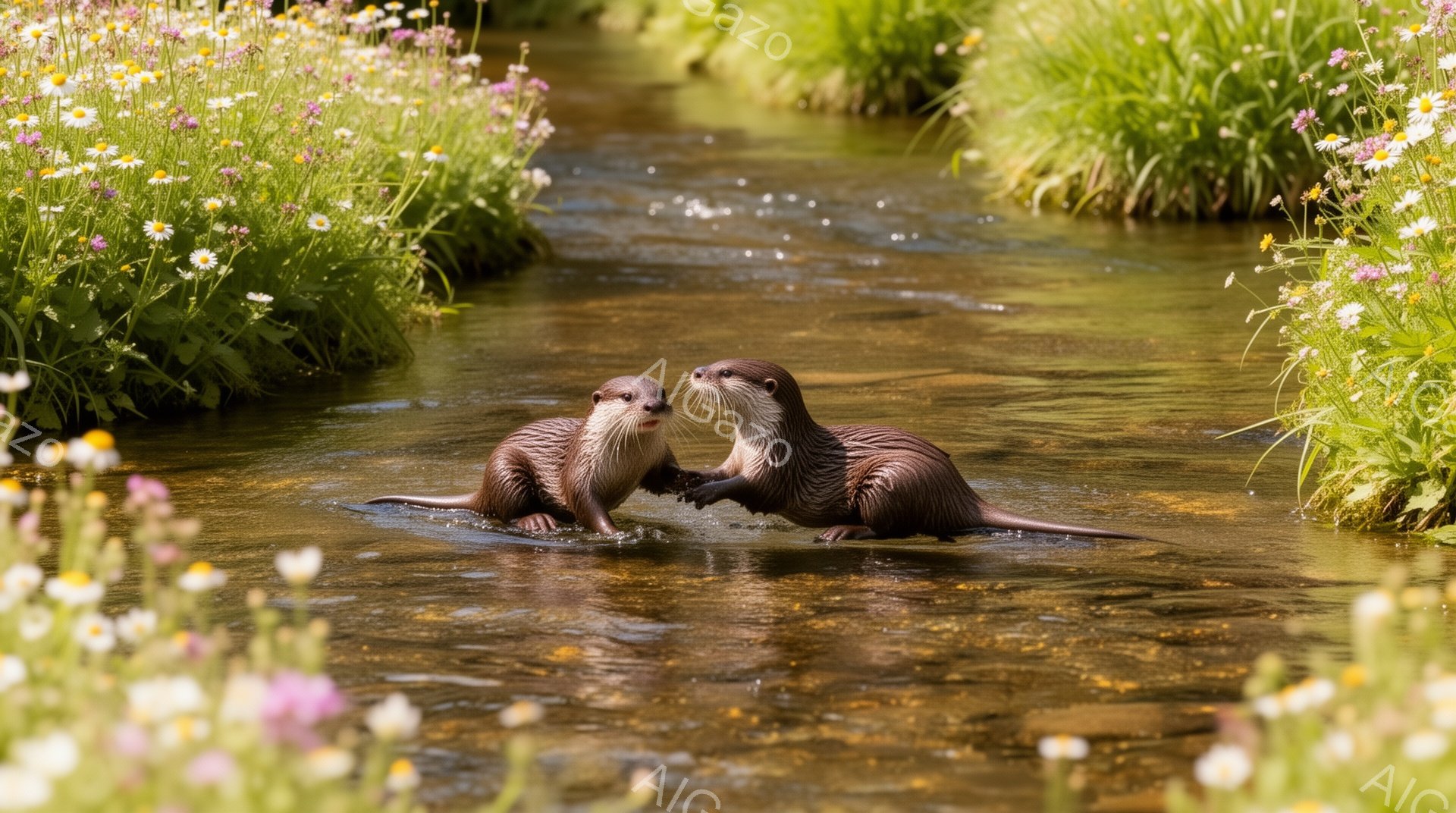 穏やかな小川でカワウソが戯れています。２匹は互いに顔を合わせ、楽しそうに水面でじゃれ合っています。周りには色とりどりの花が咲き乱れ、平和な雰囲気を醸し出しています。 - AI生成フリー素材