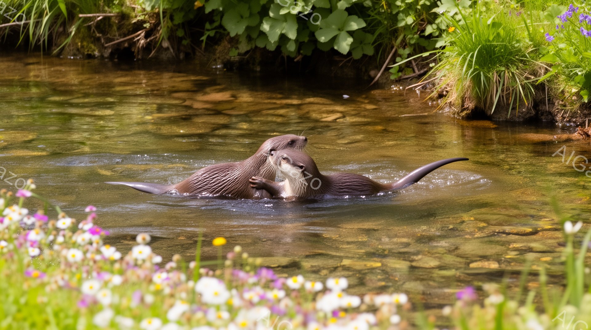 川の中を2匹のカワウソが遊んでいる様子が捉えられています。カワウソたちは体をくねらせ、水面から顔を出しながら楽しそうに泳いでいます。川岸には色とりどりの花が咲き、穏やかな春の日の光景を表現しています。 - AI生成フリー素材