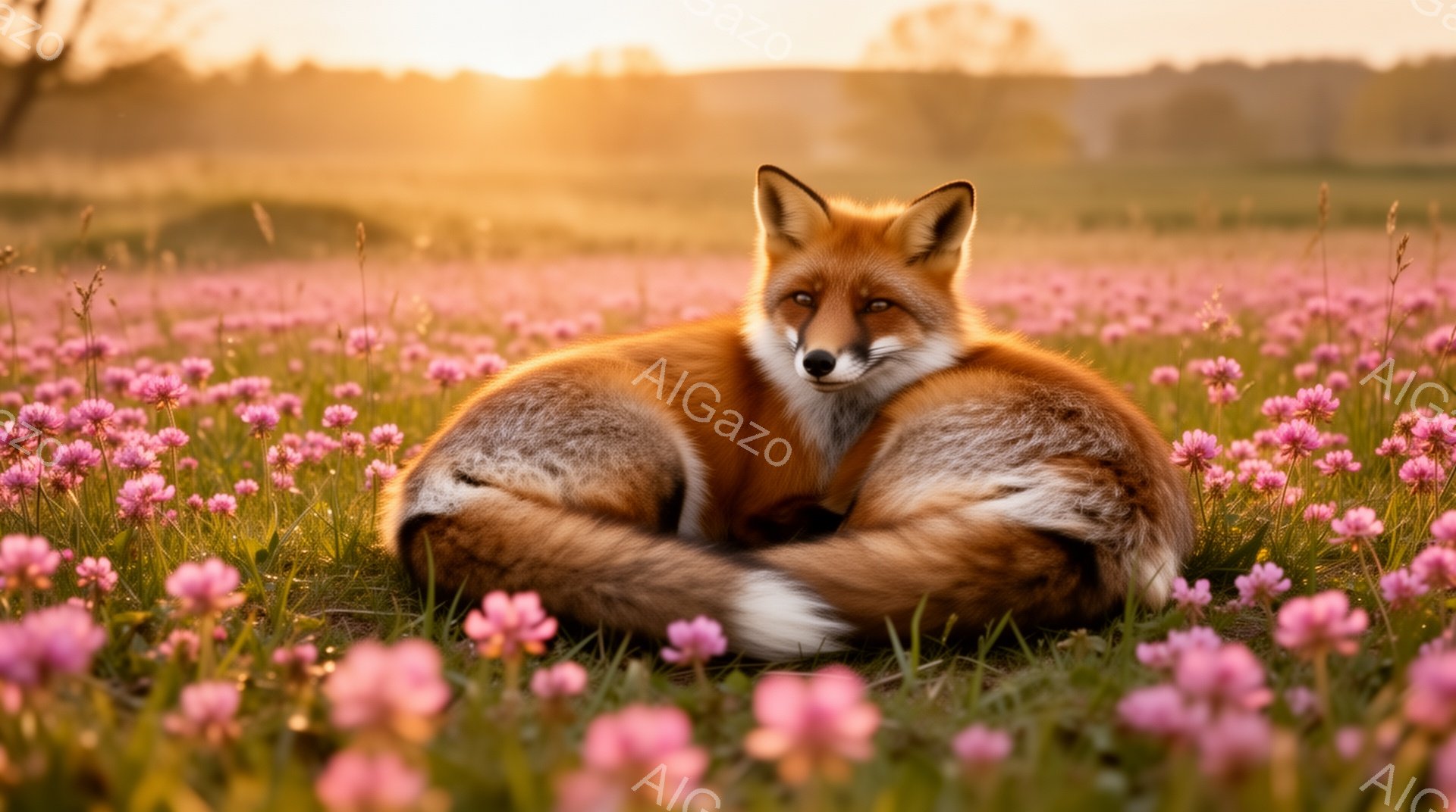 鮮やかなピンク色の花畑の中に、赤褐色の毛並みのキツネが丸まって眠っています。夕焼けの光が柔らかくあたりを照らし、穏やかで幻想的な雰囲気を醸し出しています。キツネの表情はリラックスしており、平和なひとと - AI生成フリー素材