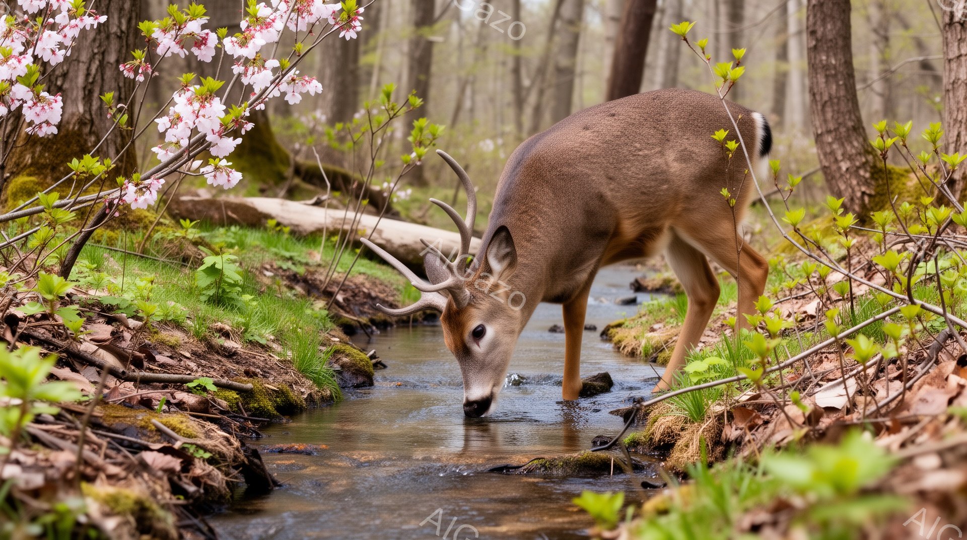 シカが小川で水を飲んでいる様子が捉えられています。周囲には緑豊かな植物や枯葉、そして桜の花が咲き誇り、春の訪れを感じさせる穏やかな雰囲気です。水の流れとシカの毛並みが、静かで美しい光景を作り出していま - AI生成フリー素材