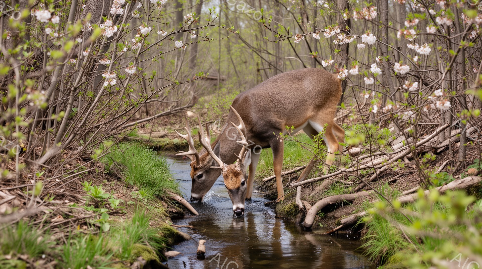 雄鹿が小川で水を飲んでいる様子が捉えられています。背景には春の花が咲き乱れ、緑豊かな植物が茂り、穏やかな雰囲気が漂っています。鹿の毛並みや筋肉の隆起が細かく描写されており、自然の生命力を感じさせます。