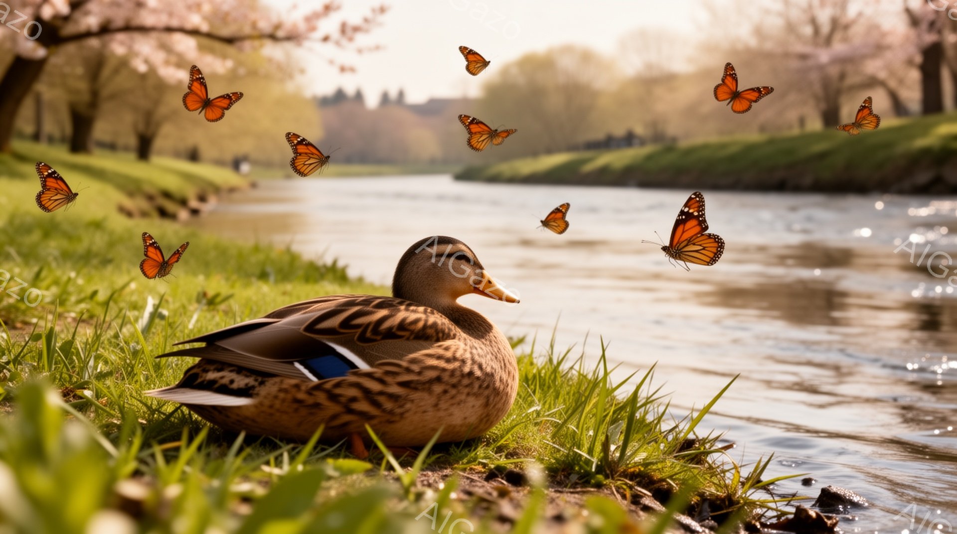 アヒルが緑の草の上に座って、多くの蝶が周りを飛び交っています。背景には穏やかな川と遠くの木々が見え、春らしい穏やかな雰囲気です。鮮やかな色彩が、平和でリラックスした情景を際立たせています。 - AI生成フリー素材