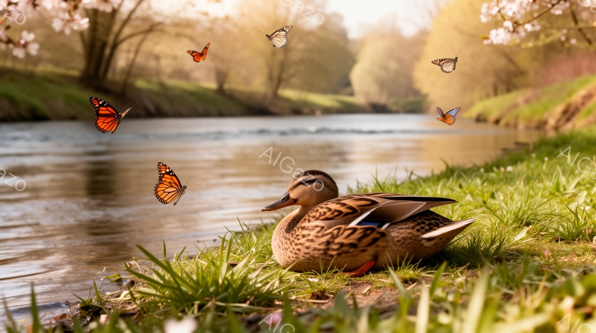 アヒルが緑豊かな草の上に佇んでいます。背景には穏やかな川とぼやけた木々が広がっており、いくつかの蝶が舞い上がっています。春の暖かく穏やかな雰囲気を感じさせる美しい光景です。 - AI生成フリー素材