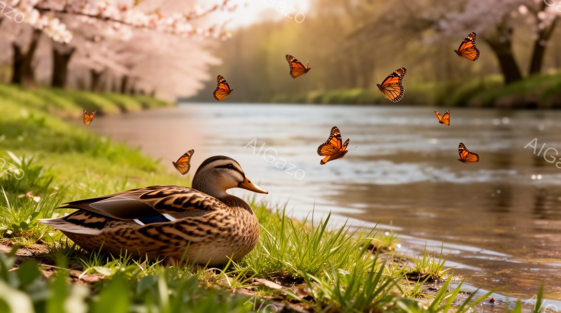 アヒルが緑の草の上に座っており、周りにはオレンジ色の蝶が舞っています。背景には穏やかな水面と桜の木が見え、春の穏やかな雰囲気が漂っています。空は柔らかく、全体的に優しい光に包まれています。 - AI生成フリー素材