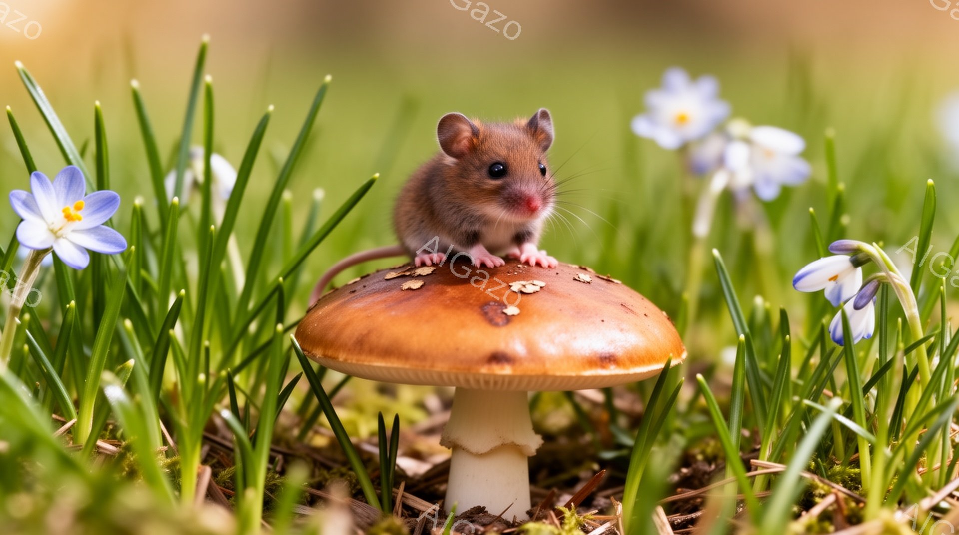緑の草むらの中に、キノコの上に小さなネズミが立っています。青い花が周りを彩り、春の穏やかな雰囲気を醸し出しています。ネズミは興味深そうに前を見つめており、可愛らしい姿をしています。