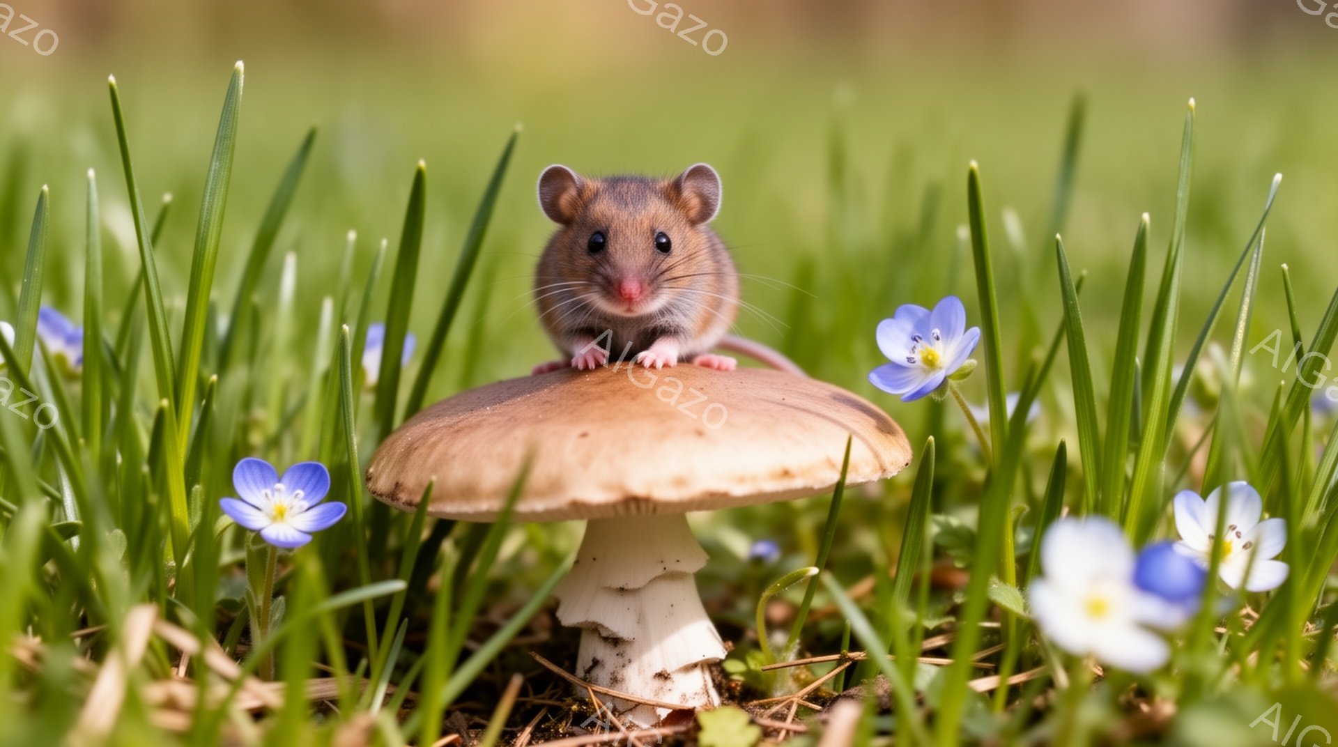 緑の草むらの中にキノコが生えており、その上に小さなネズミが立っています。ネズミは前足をキノコの笠の上に置き、好奇心旺盛な表情でカメラを見つめています。背景には小さな青い花が咲き乱れ、春の穏やかな雰囲気を醸し出しています。