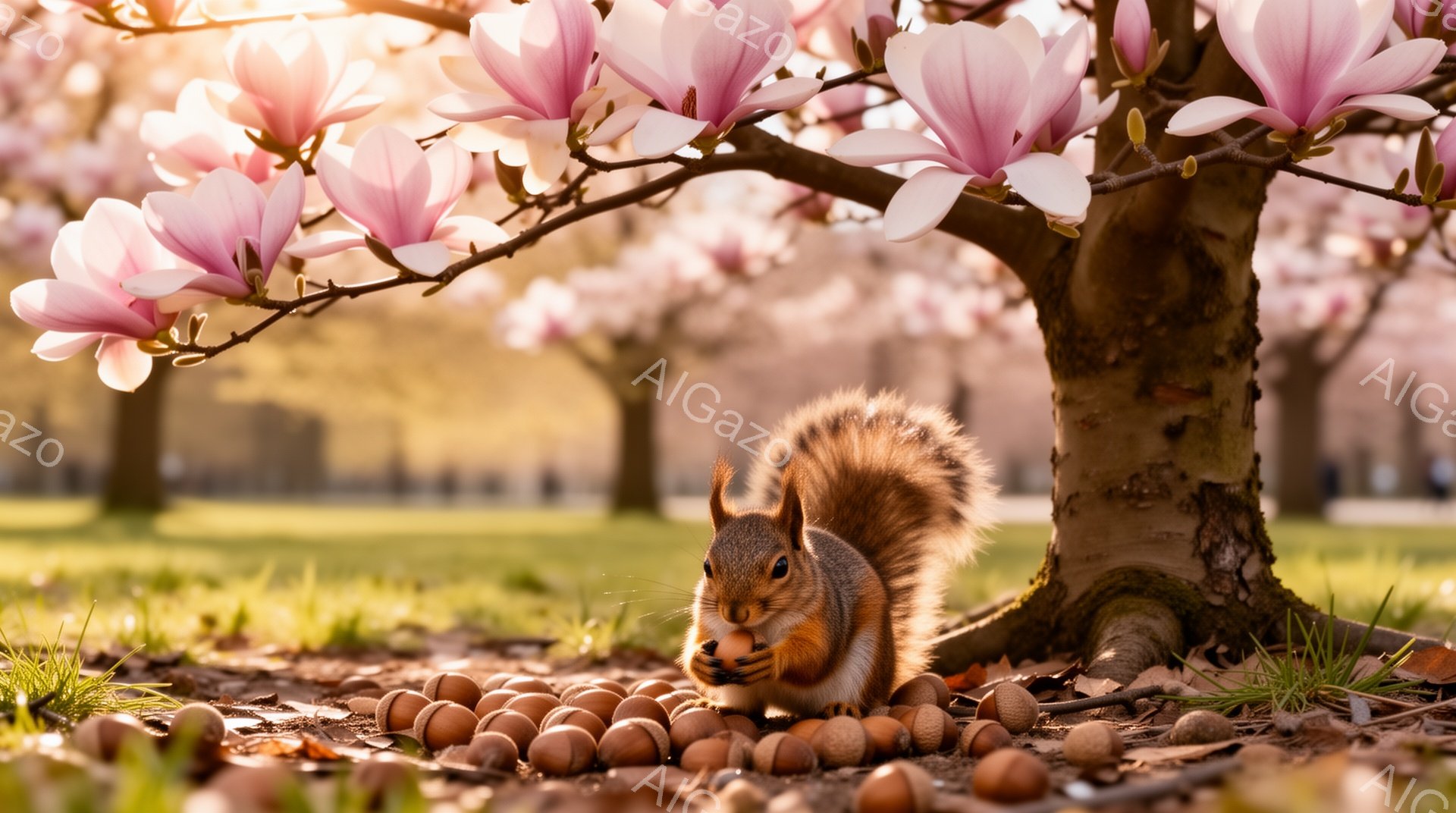 リスが木の下でどんぐりをむさぼり食っています。ピンク色の美しい桜の花が咲き乱れ、春の暖かく穏やかな雰囲気が漂っています。周囲にはたくさんのどんぐりが散らばり、リスの食欲をそそる光景です。 - AI生成フリー素材