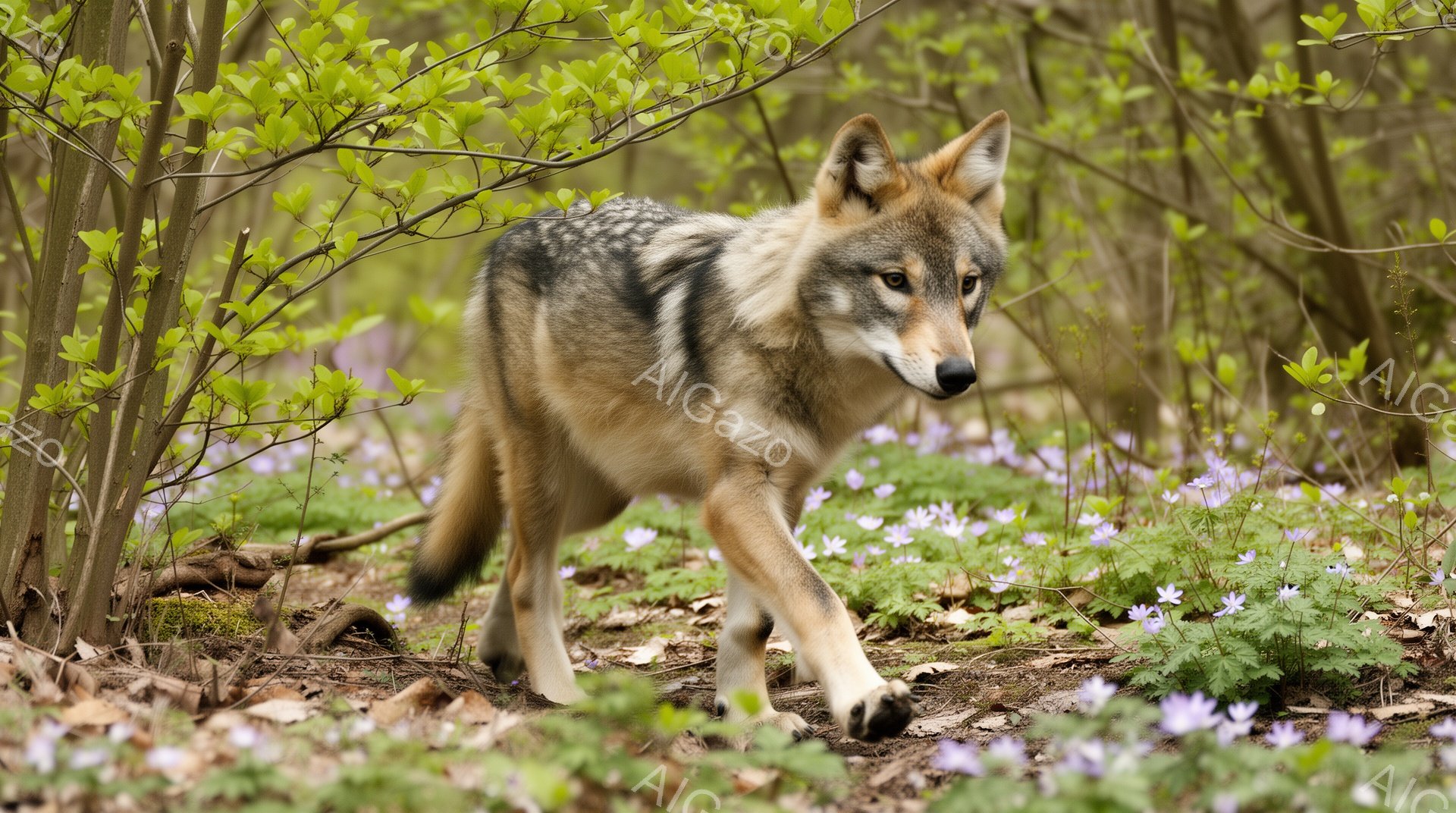 茂った緑の植物と紫色の花に囲まれた森の中を、一匹のオオカミが歩いています。オオカミは灰色の毛並みで、注意深く前を見据え、静かで注意深い雰囲気を醸し出しています。春の光が差し込み、穏やかな自然の美しさを - AI生成フリー素材