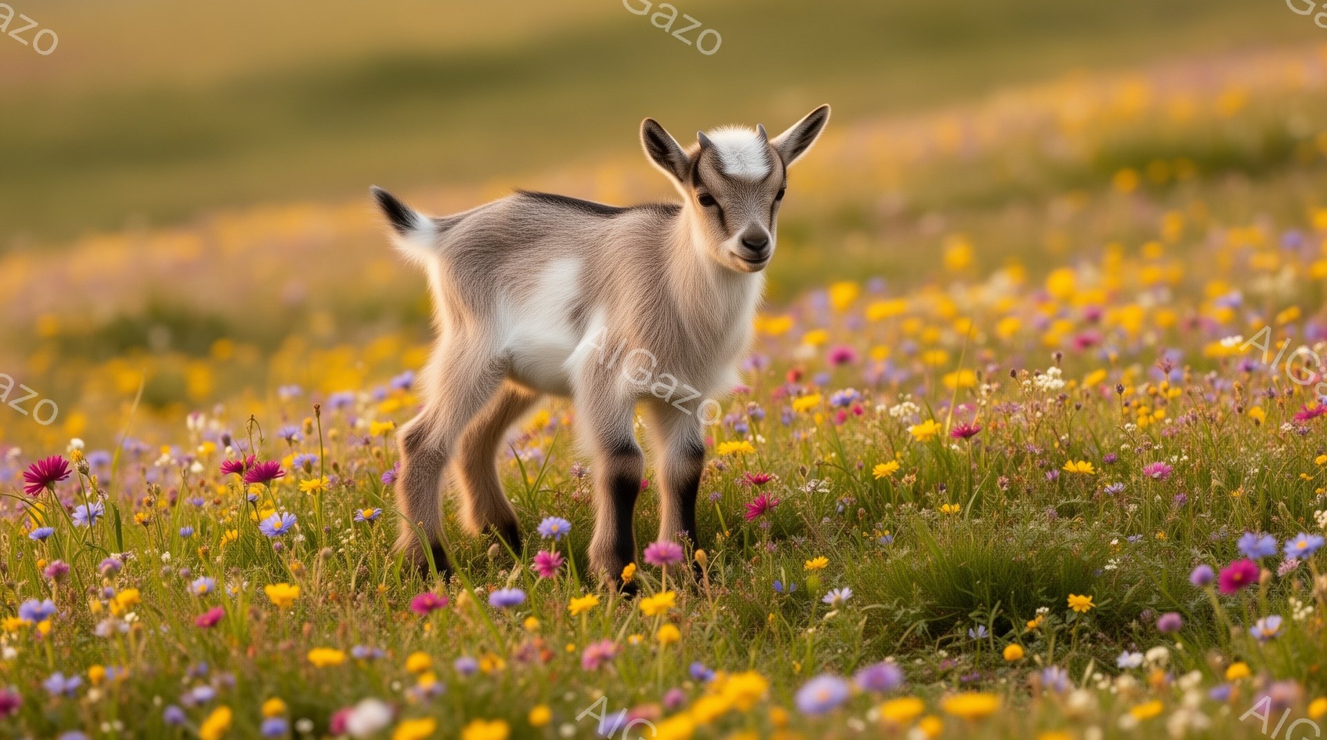 緑豊かな草地と色とりどりの花々の中に、小さな山羊が立っている。毛並みはクリーム色と茶色のまだら模様で、好奇心に満ちた表情でこちらを見ている。穏やかな日差しが降り注ぎ、暖かい雰囲気が感じられる。 - AI生成フリー素材