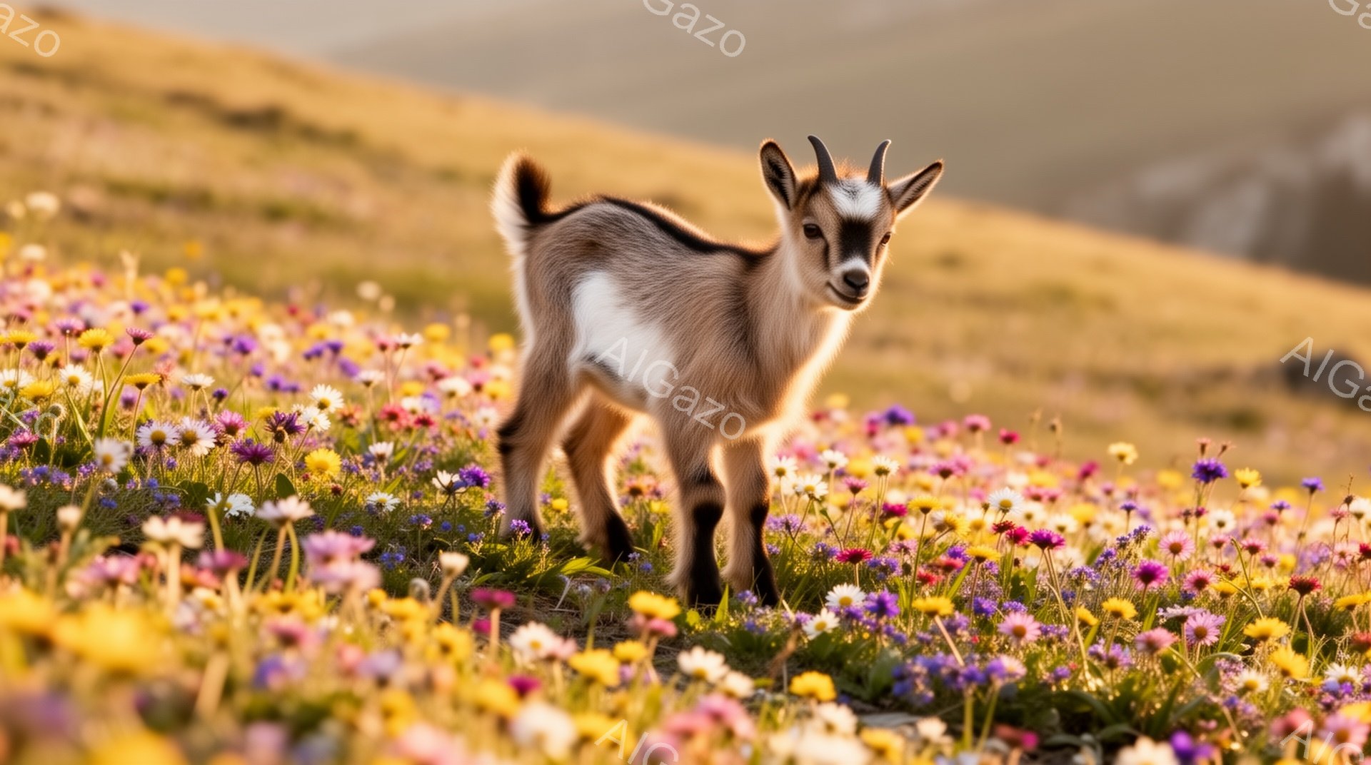 鮮やかな野花が咲き乱れる草原に、ヤギの子が立っている。毛並みは茶色と白のまだら模様で、好奇心に満ちた表情でこちらを見ている。背景にはぼやけた山々が広がり、暖かい光が全体を包んでいる。