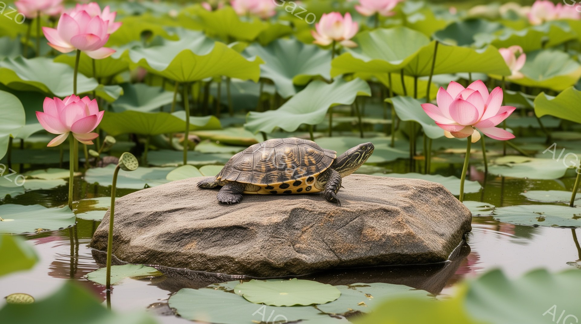 蓮の葉に囲まれた岩の上に、ミドリガメが日向ぼっこをしています。鮮やかなピンク色の蓮の花が背景を彩り、穏やかな水面がその美しさを引き立てています。平和で静寂な雰囲気が感じられる、自然豊かな光景です。 - AI生成フリー素材
