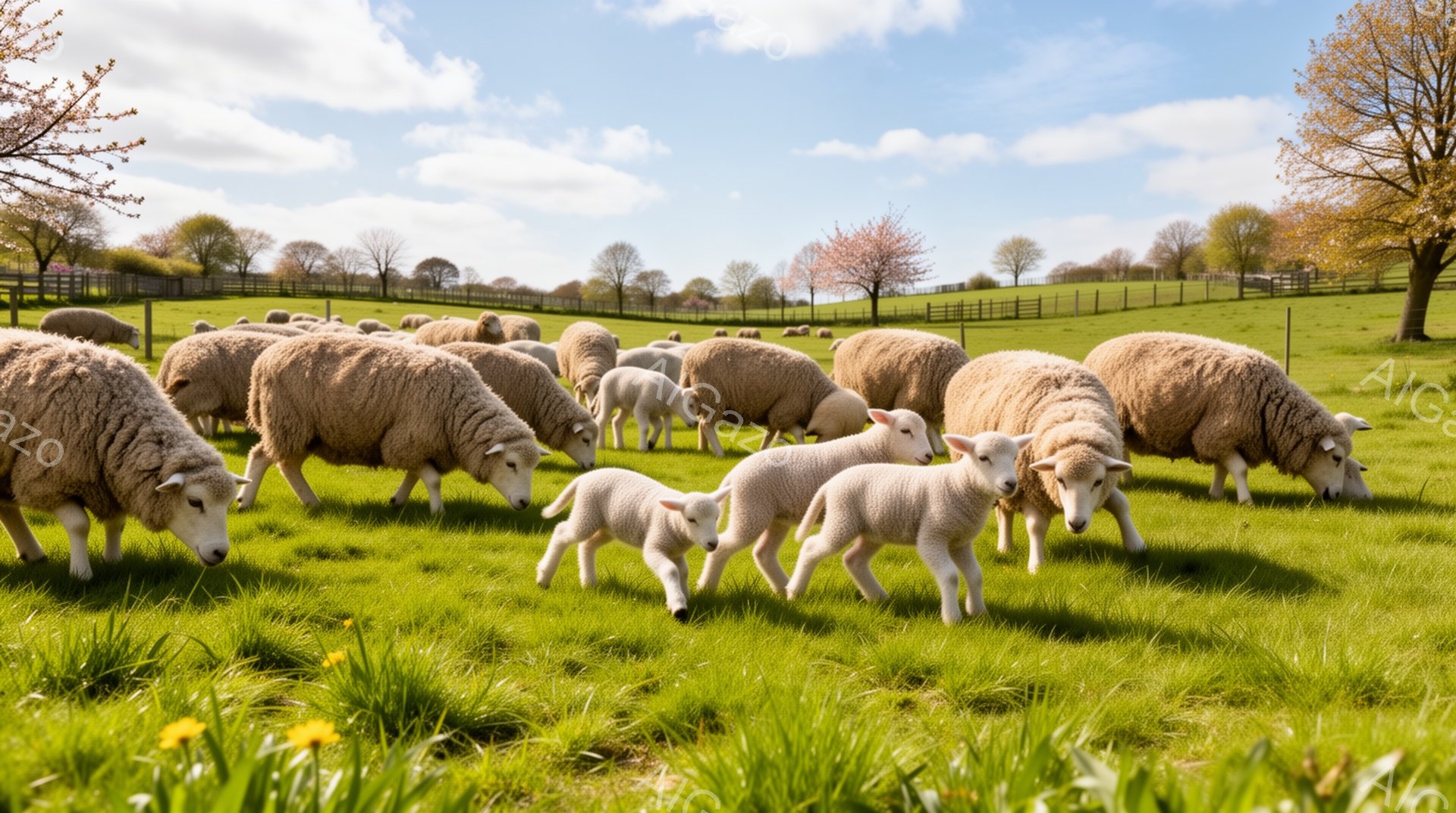 広大な緑の牧草地で、たくさんのヒツジが草を食べている。特に小さな子羊が可愛らしく、春の穏やかな日差しの中で楽しそうにしている様子が伝わる。背景には木々や空が見え、のどかな田園風景が広がっている。