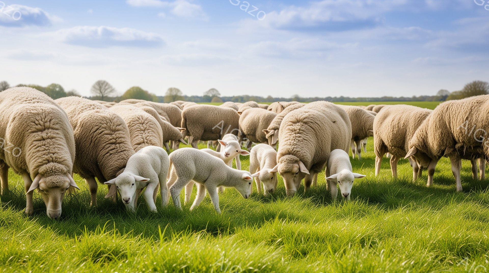 緑豊かな牧草地で、たくさんの羊が草を食んでいます。特に一匹の白い子羊が前面にいて、他の羊たちと比べると小さくて可愛らしいです。晴れた空と緑の背景が、穏やかで平和な雰囲気を醸し出しています。 - AI生成フリー素材