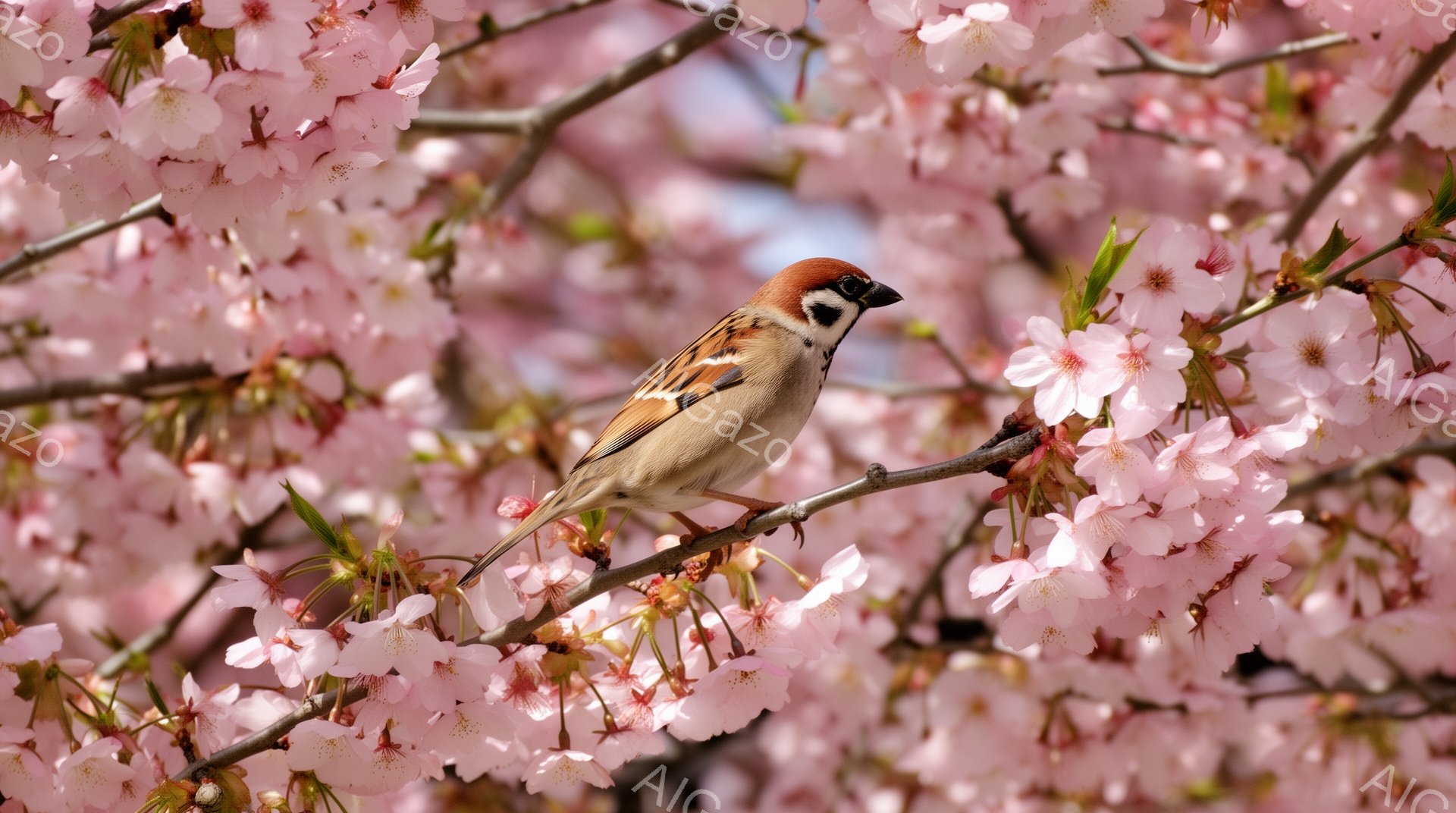 桜の木の枝にとまっている雀が描かれています。背景は薄ピンク色の桜の花で埋め尽くされ、春の穏やかな雰囲気を醸し出しています。雀は羽を休めながら、あたりを警戒しているようです。 - AI生成フリー素材