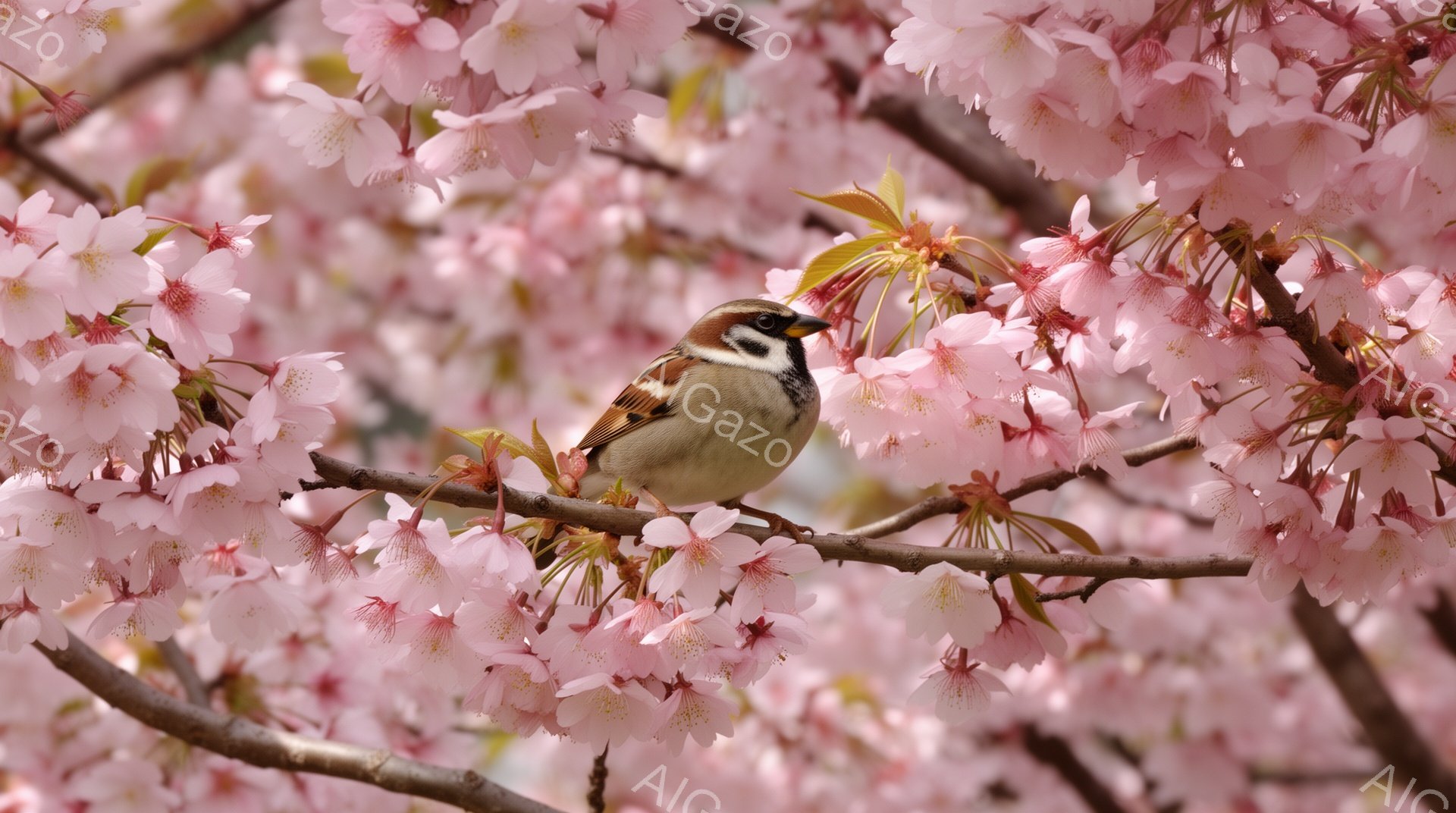 桜の枝に止まる小鳥が写っている。淡いピンク色の桜の花が背景を埋め尽くし、春の穏やかな雰囲気を醸し出している。小鳥は右を向き、少し口を開けている様子から、さえずりを想像させる。 - AI生成フリー素材