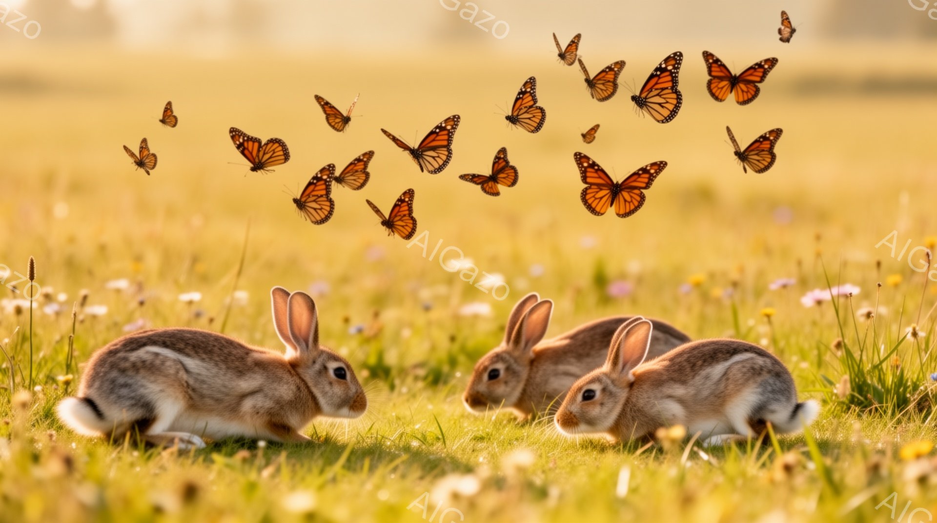 黄金色の草原で、三匹のウサギが草を食べています。周りにはオレンジ色の蝶が舞い、のどかで穏やかな雰囲気が漂っています。暖かい日差しが降り注ぎ、自然豊かな風景が広がっています。 - AI生成フリー素材