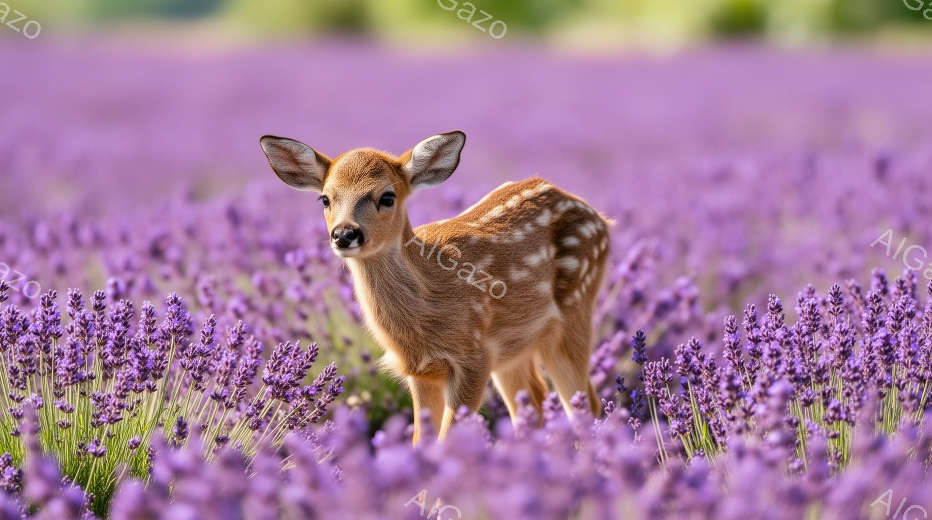 小さなシカがラベンダー畑の中に立っています。シカはまだ幼く、まだ斑点模様が残っています。紫色の花々とシカのコントラストが美しく、穏やかな雰囲気が漂っています。 - AI生成フリー素材
