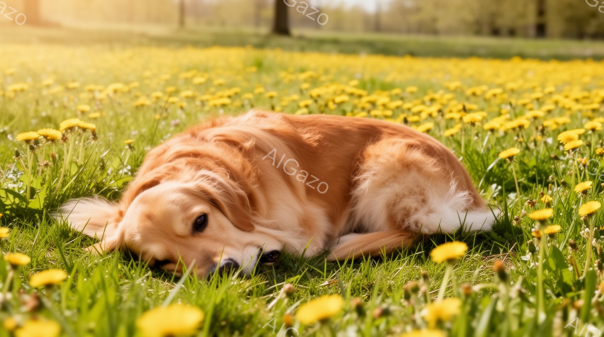 金色のレトリバーがタンポポが咲き乱れる緑の草原に横たわっています。穏やかな日差しが降り注ぎ、犬はリラックスした様子で目を閉じています。背景にはぼんやりと木々が見え、春の穏やかな雰囲気が漂っています。 - AI生成フリー素材