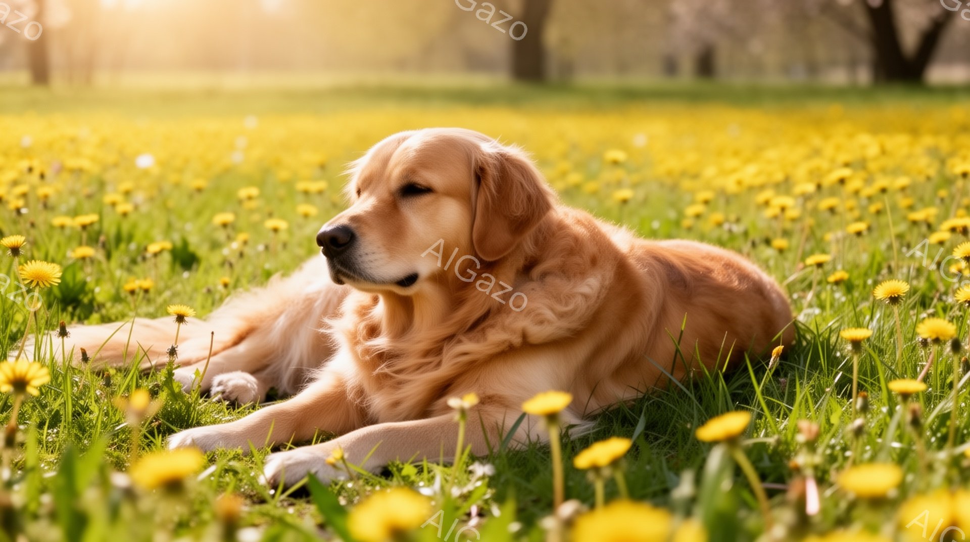 美しいゴールデンレトリバーがタンポポで覆われた草原に横たわっています。太陽の光が暖かく降り注ぎ、穏やかな雰囲気を醸し出しています。犬はリラックスした様子で、春の穏やかな一日を謳歌しているようです。 - AI生成フリー素材