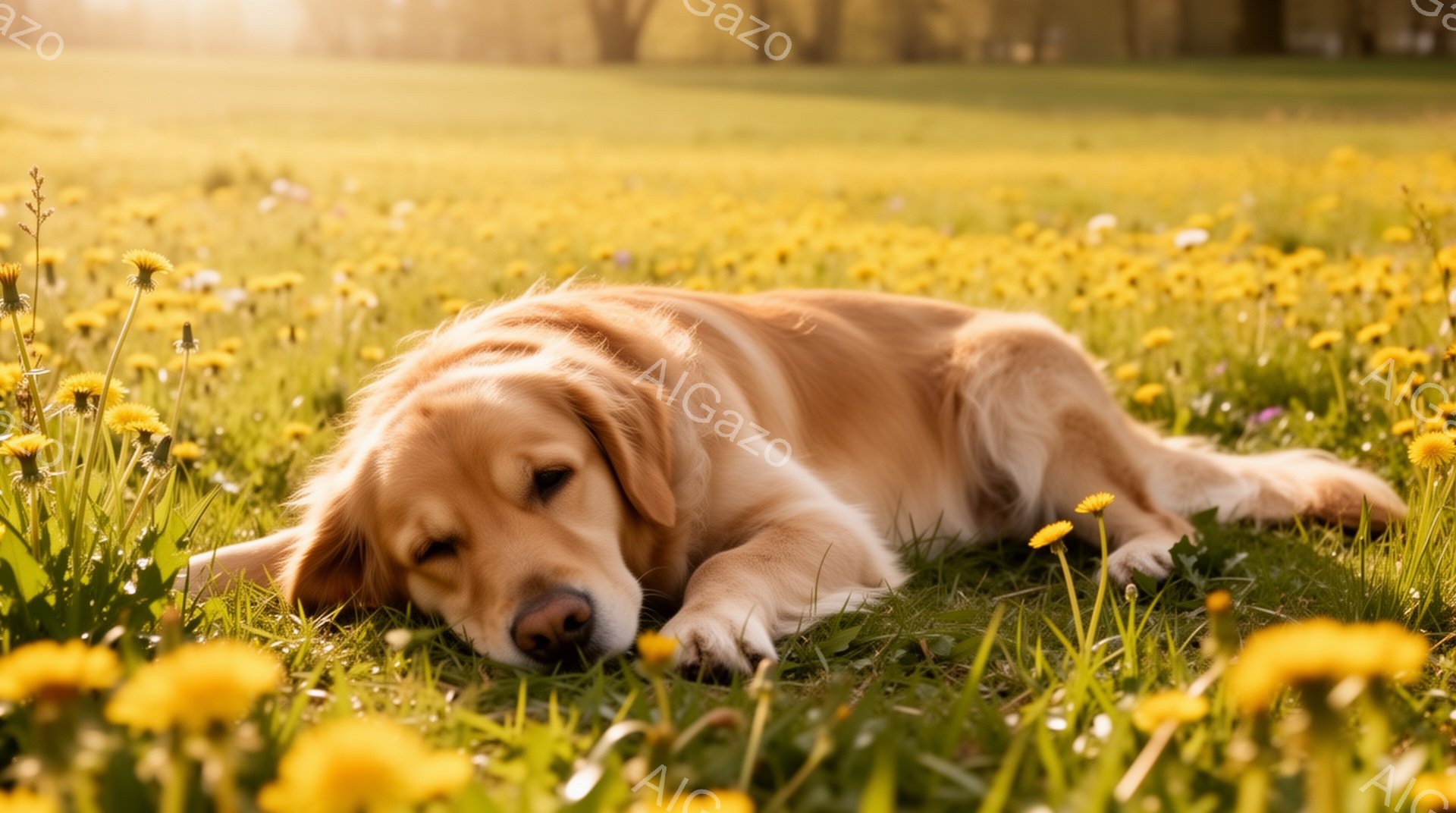 黄金色の毛並みを持つゴールデンレトリバーが、タンポポが咲き乱れる草原に横たわっています。太陽の光が柔らかく降り注ぎ、犬はリラックスした様子で目を閉じています。暖かい春の日の穏やかな雰囲気が伝わってきま - AI生成フリー素材