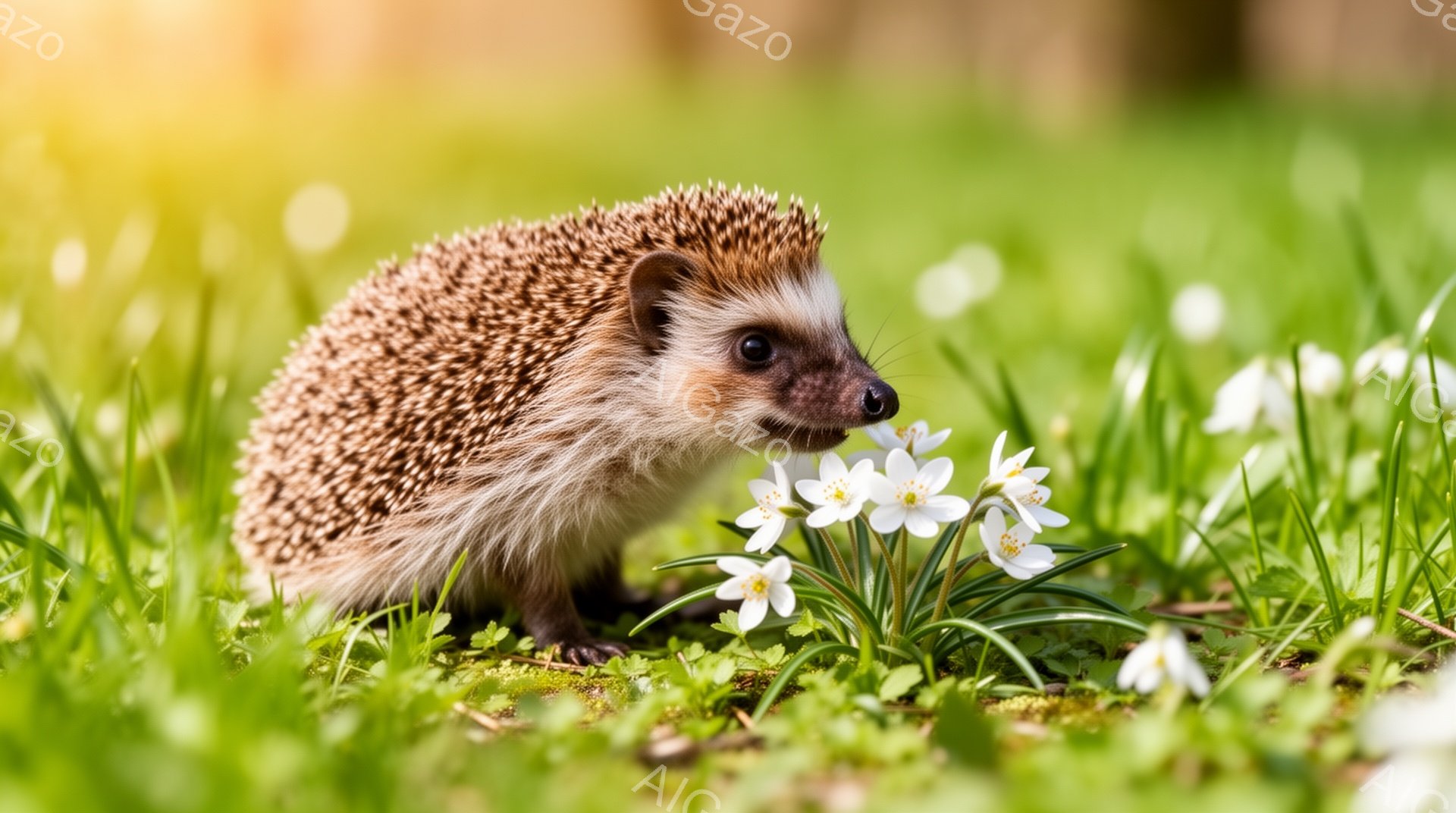 緑の草の上で、可愛らしいハリネズミが白い花を見つめています。毛並みは茶色で、小さな鼻と黒い目が特徴的です。背景には柔らかい光が差し込み、春の穏やかな雰囲気が感じられます。 - AI生成フリー素材