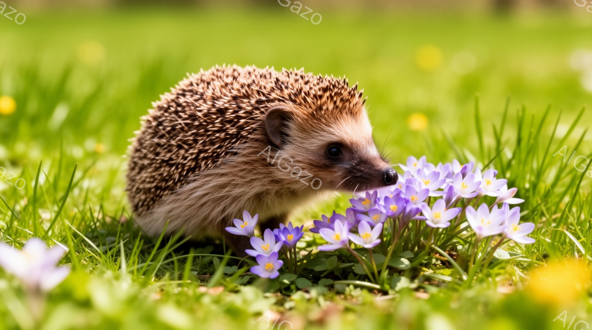 緑の草むらに紫色の花の間で、可愛らしいハリネズミが顔を覗かせています。 その小さな体は茶色いトゲで覆われており、注意深く何かを調べているようです。 周囲の鮮やかな緑と紫色のコントラストが、春らしい穏や - AI生成フリー素材