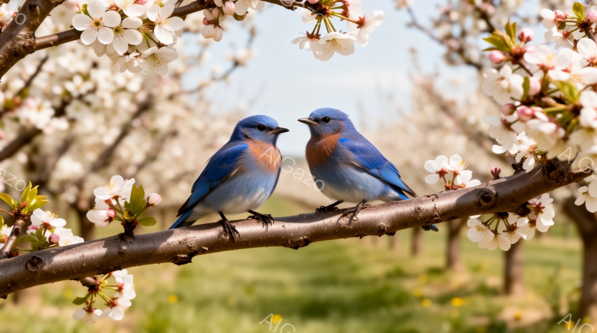 青い鳥が桜の枝に並んで座っています。背景には桜の花が咲き乱れ、春の暖かい雰囲気が漂っています。鳥たちは互いに寄り添い、穏やかな光景です。 - AI生成フリー素材