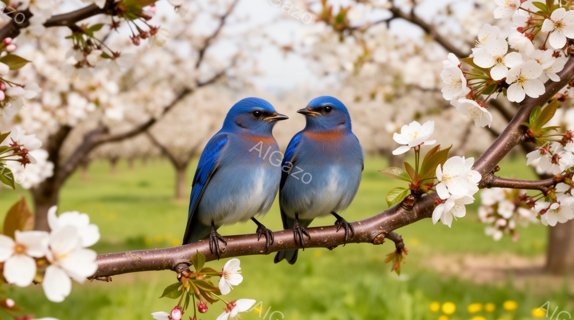 青い鳥が二羽、桜の枝に並んで座っています。背景には緑の草とぼやけた桜の木々が広がり、春の穏やかな雰囲気を醸し出しています。鮮やかな青色が、淡い桜色とのコントラストで際立っています。 - AI生成フリー素材