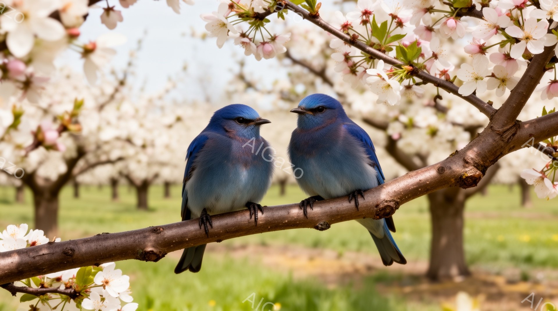 鮮やかな青色の小鳥が二羽、春の桜の枝にとまっている。空と桜のコントラストが美しく、穏やかで平和な雰囲気が漂う。背景には、桜並木が広がり、春の訪れを感じさせる風景だ。 - AI生成フリー素材