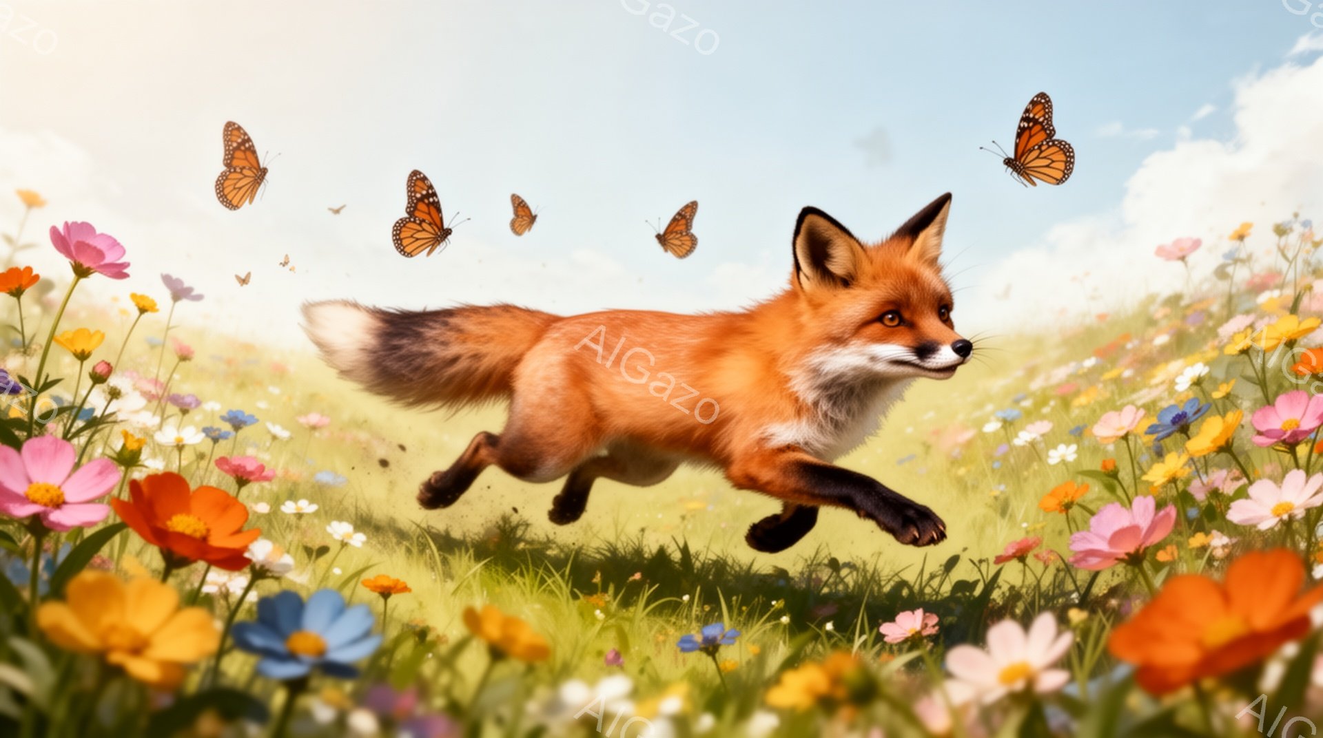 広大な花畑を駆け抜けるキツネが描かれている。鮮やかな色彩の花々が咲き乱れ、空には蝶が舞っている。暖かく穏やかな雰囲気で、自然の美しさが表現されている。 - AI生成フリー素材