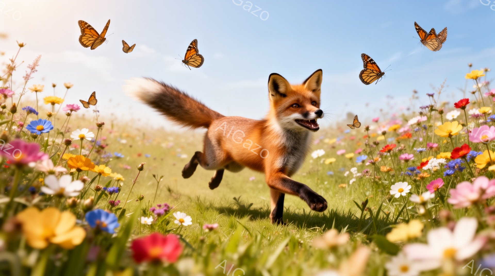 広大な花畑を赤いキツネが駆け抜けている。周囲には黄色や白、青などの色とりどりの花が咲き乱れ、数匹の蝶が舞っている。太陽の光が差し込み、暖かく幸せな雰囲気が漂っている。 - AI生成フリー素材