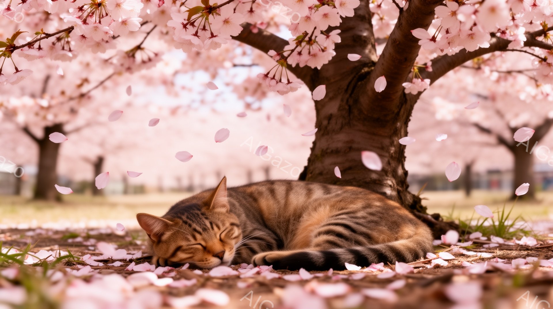 桜の木の下で、縞模様の猫が安らかに眠っている。周りには桜の花びらが舞い散り、春の穏やかな雰囲気を醸し出している。柔らかな光が猫を照らし、リラックスした様子が伝わってくる。 - AI生成フリー素材