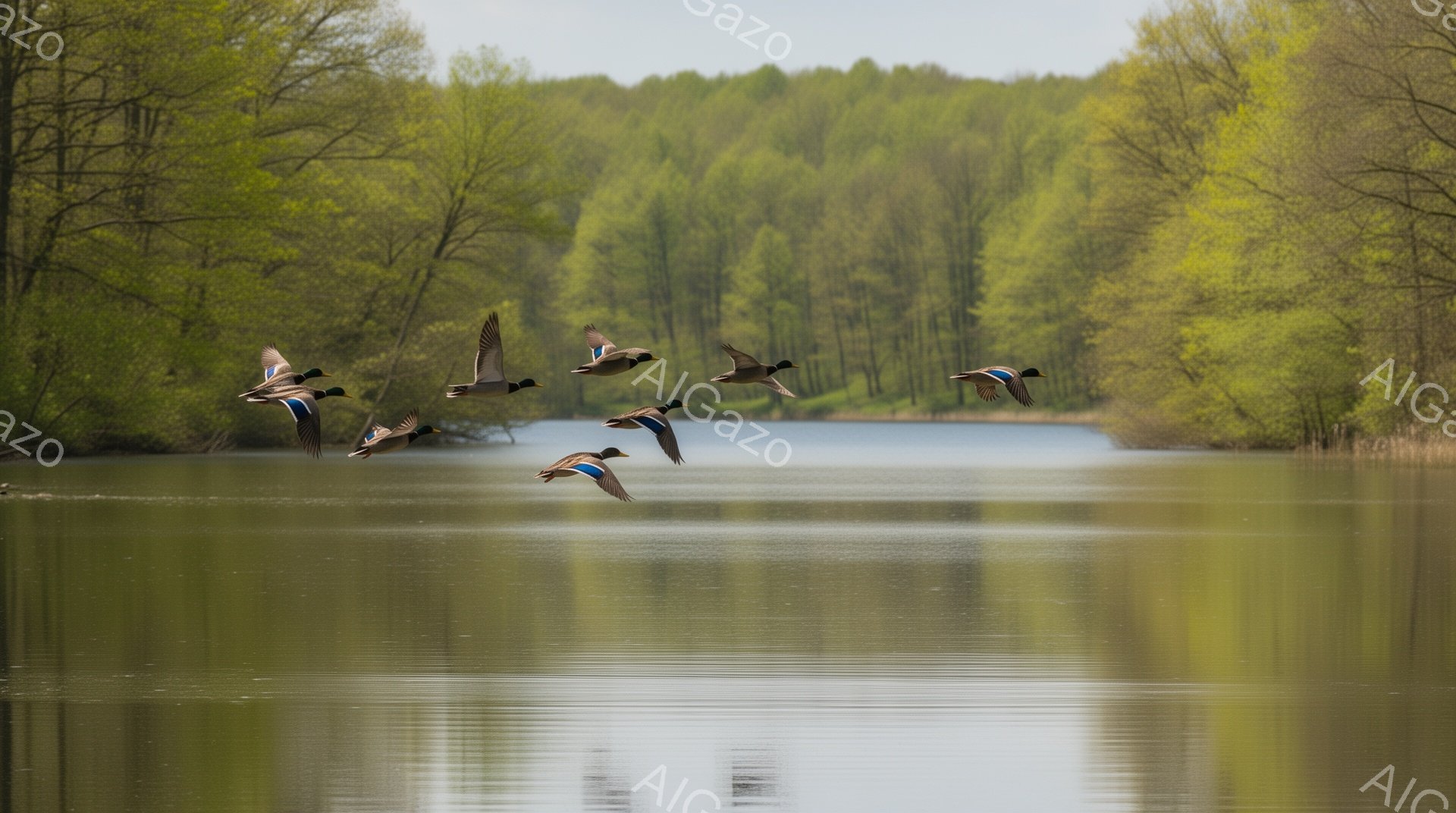 緑豊かな風景の中に、カモたちが一列に並んで水面を飛び越えていく様子が捉えられています。水面には周囲の木々が映り込み、静かで穏やかな雰囲気を醸し出しています。春の穏やかな日差しが、自然の美しさを引き立て - AI生成フリー素材
