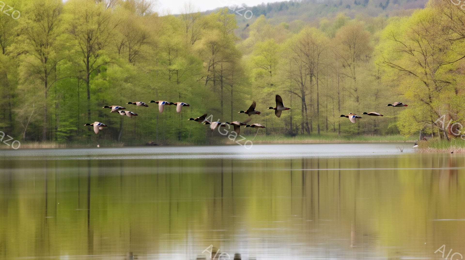 穏やかな湖面をカモの群れが飛んでいる。木々の緑が水面に反射し、幻想的な風景を作り出している。春の暖かな日差しを感じさせる、静かで平和な光景だ。 - AI生成フリー素材