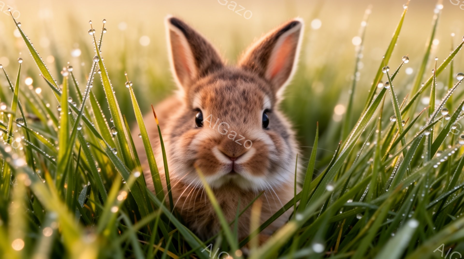 柔らかい草の中で可愛らしい子ウサギが正面を見つめています。朝露が草に輝き、温かく穏やかな雰囲気を醸し出しています。ウサギの毛並みは細かく、毛の色は茶色で、可愛らしさが際立っています。